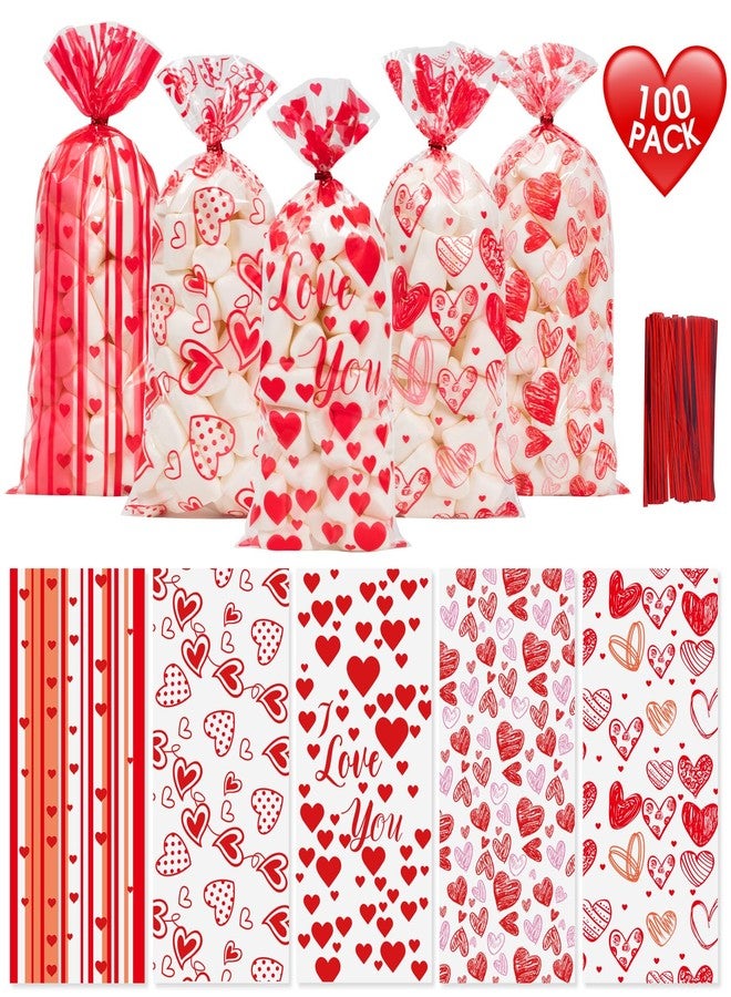 Litmitfu 100 Pcs Valentine Treat Bags - Red Heart Cellophane Goodie Bags, Clear Plastic Happy Valentine's Day Cello Candy Gift Bag With Twist Ties for Wedding Anniversary Party Favors Supplies - Image 1